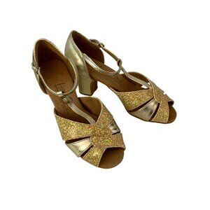 Very Fine Soft Gold Glitter Latin Dance Shoes Cuban Heel Open Toe Size 5 Leather
